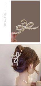 Detail showing golden rhinestone bow hair claw with pearls and model styling view