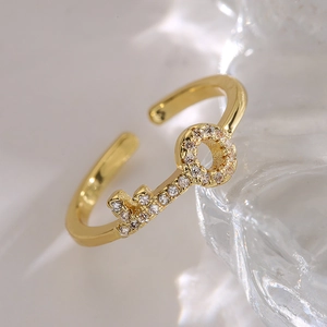 Copper Gold Plated Open Ring Cubic Zirconia Geometric Adjustable Dainty Key Wave Jewelry For Women
