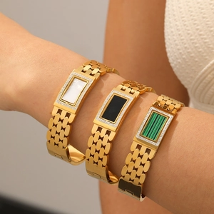 18K Gold Plated Stainless Steel Bangle Bracelet Square Malachite Mother Of Artificial Pearl Inlay Rhinestone Retro Women Jewelry