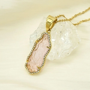 Mini 18k gold stainless steel Virgin Mary pendant with pink crystal and rhinestones