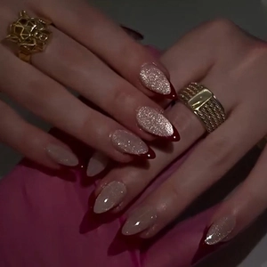 French Wine Red Almond Press On Nails Long Silver Glitter Glossy False Nails For Women