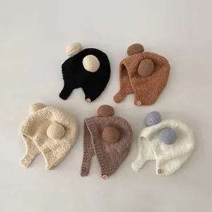 Baby Beanie Hat Warm Plush Knit Ear Protection Windproof With Pom Pom Button Cute For Infant Toddler