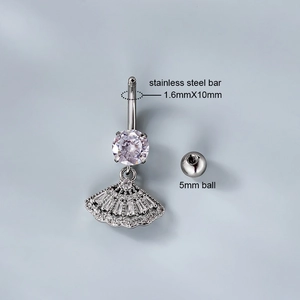 Stainless steel belly button ring with heart flower fan pendant and micro-set zircons