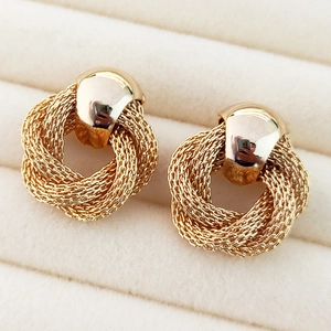 Vintage 18K gold plated woven hoop earrings with polished dome studs for women