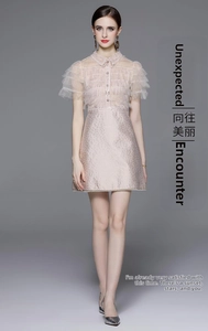 Detail of elegant sequin mesh lace collar and ruffled sleeves on a champagne dress