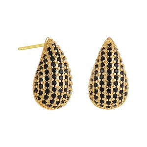 Macro detail of teardrop earrings with black micro-pave cubic zirconia and gold plating