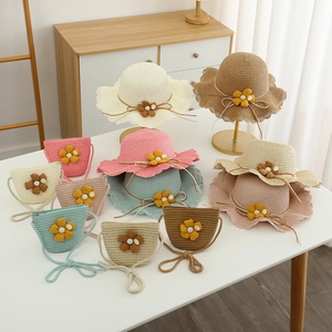 Kinder Strohhut und Umhängetasche Set mit Blumen, Spitze und Perlen Details
