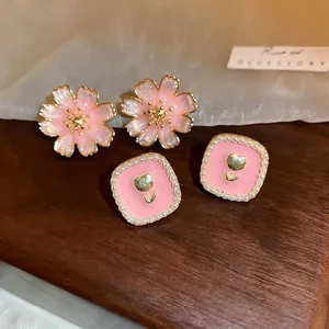 Alloy Enamel Flower Square Stud Earrings With Imitation Artificial Pearl And Silver Earring Post Korean Sweet Fashion For Women