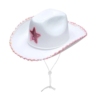 White cowboy hat with pink sequin star and sequined brim trim on white background