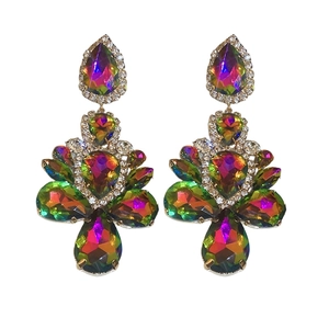 Elegant gold drop earrings with colorful teardrop crystals and sparkling rhinestones