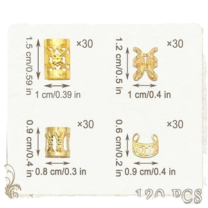 120PCS gold hair rings set with four sizes and measurements on vintage paper