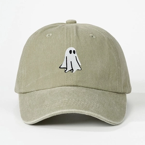 Olive green washed cotton baseball cap with embroidered ghost design for Halloween style