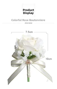 Detail view of white artificial rose boutonniere with satin ribbon and dimensions