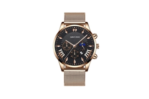 Detail showing rose gold mesh band and black multifunctional dial with date window