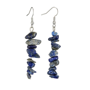 Macro shot of handmade lapis lazuli stone earrings with silver hooks on white background
