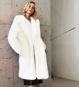 Close-up of white faux fur coat featuring a collarless open-front minimalist design