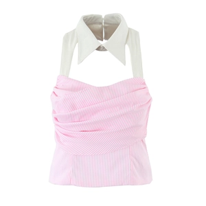 Detail of Y2K pink striped halter top featuring white lapel collar and pleated texture
