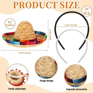 24-piece Mexican fiesta sombrero headband set featuring 12 styles with pom-pom fringe