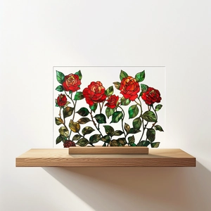 Detail of floral acrylic plaque with red roses and wood base for desk decoration
