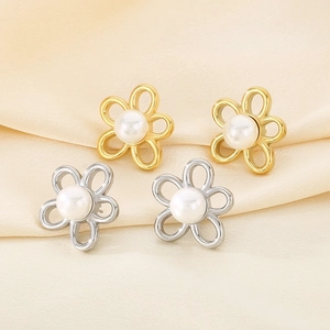 Elegant floral heart stud earrings with white pearls in gold and silver finish