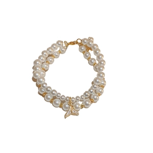 Double-layer pearl bracelet with a sparkling zircon fishtail pendant for women