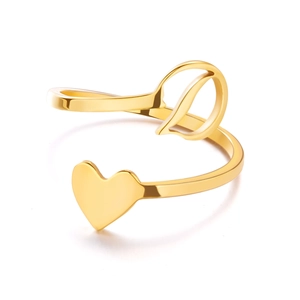 Detailed close-up of golden open ring featuring a solid heart and letter D design