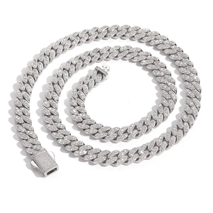 Chaîne cubaine argentée de 9 mm pour hommes sertie de zircons cubiques brillants