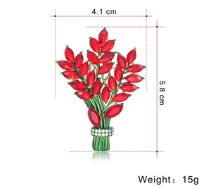 Detailed size chart for red floral brooch with rhinestones showing 5.8cm height and 15g weight