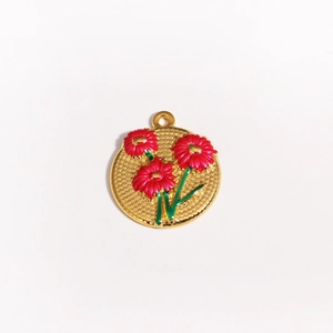Französischer Vintage-Goldanhänger mit roten Emaille-Blumen und grünen Blättern für DIY