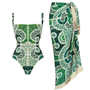 Maillot de bain une pièce imprimé ethnique vert et paréo assorti pour femme