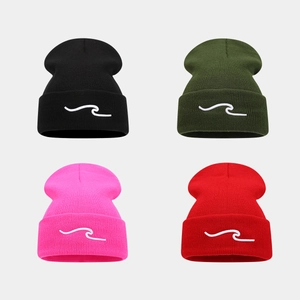 Acrylic Knit Beanie Hat With Wave Embroidery Cuffed Warm Ribbed Outdoor Winter Streetwear For Women Men