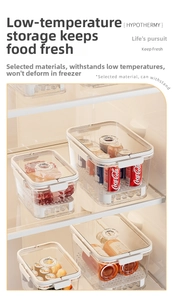 Detail of stackable transparent food storage containers with lids inside a refrigerator