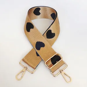 Detail of No. 23 thick nylon bag strap with heart patterns and gold hardware