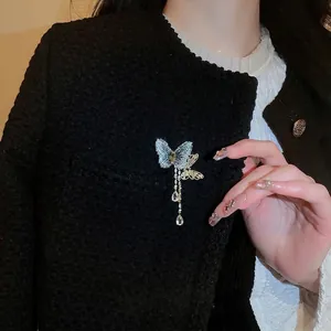 Butterfly Tassel Brooch With Copper Zircon And Blue Fabric Embroidery Elegant Dangle Teardrop Pendant Pin For Women