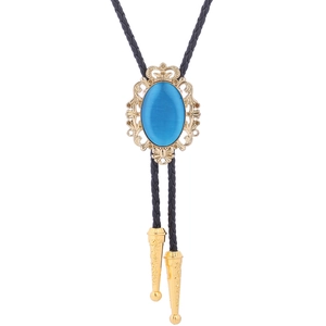 Detail of western bolo tie with blue stone, gold crown frame and black leather cord