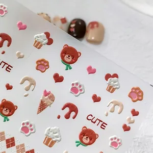 5D Embossed nail stickers with cute brown bears, cupcakes and hearts for DIY nail art