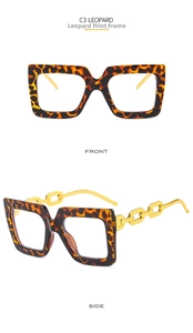Front and side view of square leopard print eyeglasses with gold chain temple detail