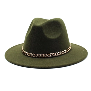 Detail of army green wool fedora hat featuring a chunky gold chain link band accessory