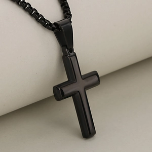 Sleek black stainless steel cross pendant necklace with polished metal finish and chain