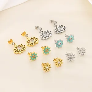 Boucles D'oreilles Pendantes Fleur De Lotus Acier Inoxydable Zircon Incrusté Pétales Creux Bijoux Floraux Pour Femmes