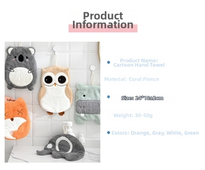 Detail of coral fleece cartoon animal hand towels showing size 24x18cm and material texture