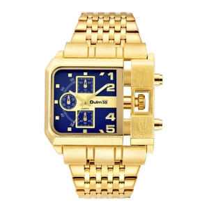 Men's gold square quartz watch with large blue dial and stainless steel strap