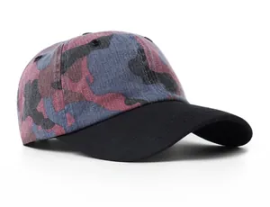 Side view of washed camo baseball cap with high-quality stitching and air vents