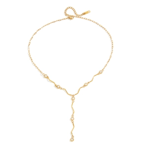 Collier en Y en acier inoxydable doré 18 carats avec barres ondulées et zircons ronds