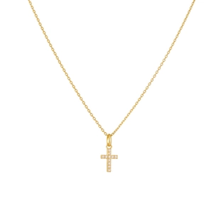 Minimalist gold sterling silver cross necklace with sparkling diamonds on a thin chain