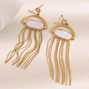 Boucles d'oreilles vintage en acier plaqué or 18K avec nacre et longues chaînes pendantes