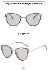 Front and side view of cat eye sunglasses with gray silver metal frames and light gray lenses