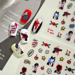 Cool street style nail art stickers with red blood and black pistol designs on tips