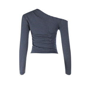 Detail of blue and white striped long sleeve top featuring an asymmetric off-shoulder neckline