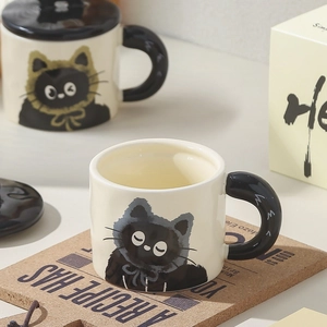 Cute ceramic cat coffee mug with black handle and lid for creative gift giving